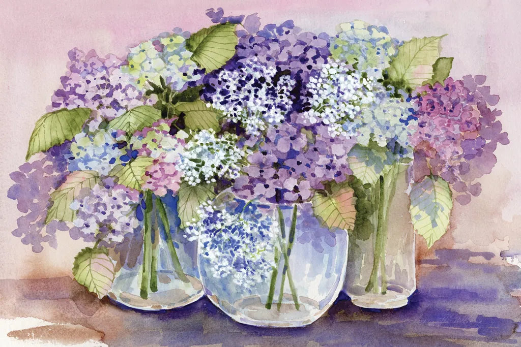 Hydrangeas In Glass by Kathleen Parr McKenna. SKU 88421i. Archival Giclee Fine art print for wall decor.