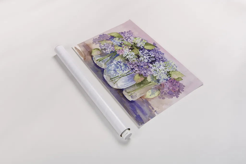 Hydrangeas In Glass by Kathleen Parr McKenna. shown as a rolled paper print. Available as archival giclee rolled canvas, fine art paper, or poster print. SKU 88421i.