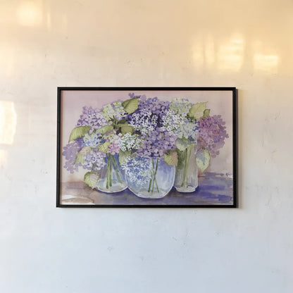 Hydrangeas In Glass by Kathleen Parr McKenna. shown as a paper print in a black flame. Available as a archival giclee rolled canvas, fine art paper, or poster print. SKU 88421i.