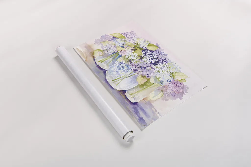 Hydrangeas in Glass Light by Kathleen Parr McKenna. shown as a rolled paper print. Available as archival giclee rolled canvas, fine art paper, or poster print. SKU 89987i.