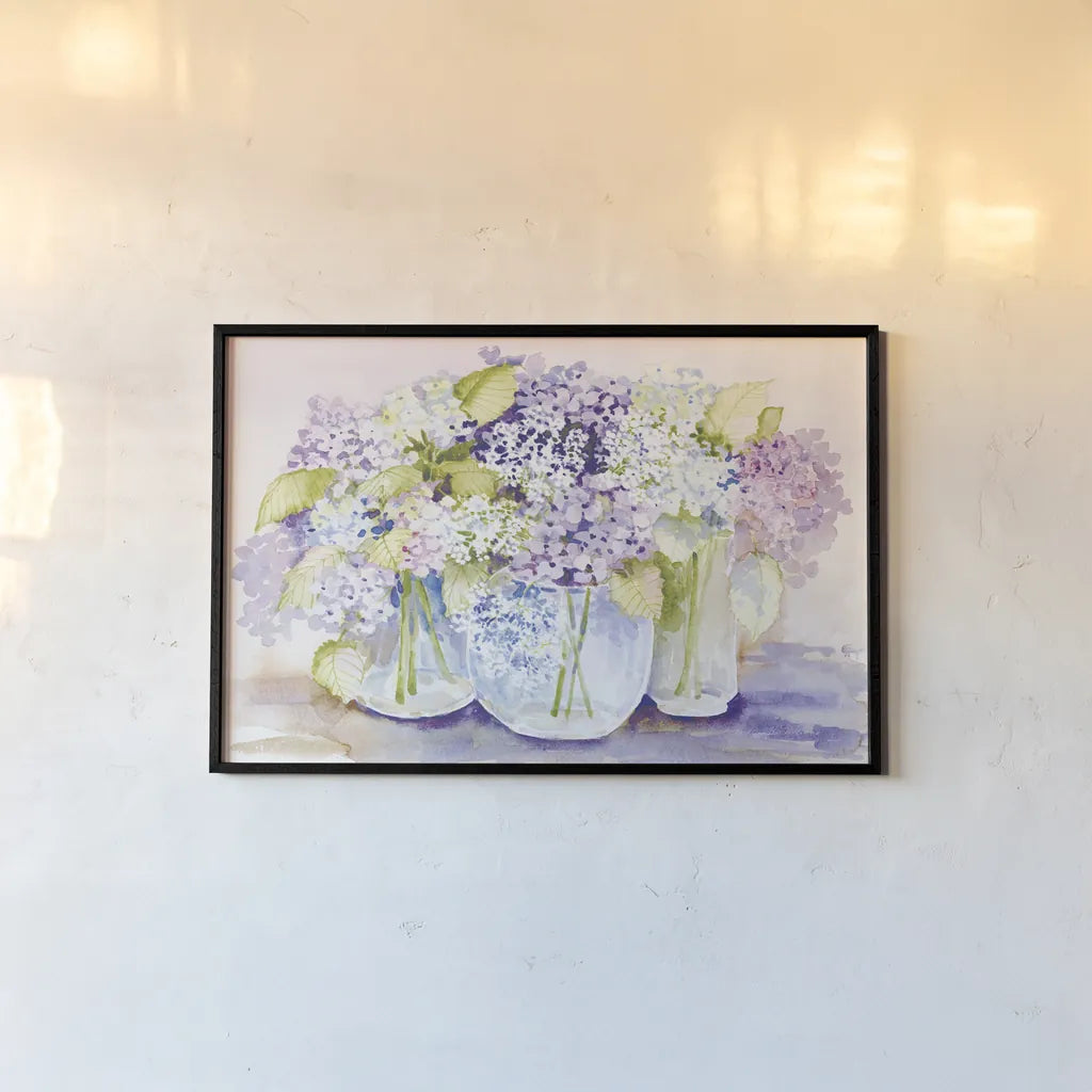 Hydrangeas in Glass Light by Kathleen Parr McKenna. shown as a paper print in a black flame. Available as a archival giclee rolled canvas, fine art paper, or poster print. SKU 89987i.