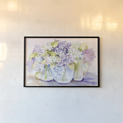 Hydrangeas in Glass Light by Kathleen Parr McKenna. shown as a paper print in a black flame. Available as a archival giclee rolled canvas, fine art paper, or poster print. SKU 89987i.
