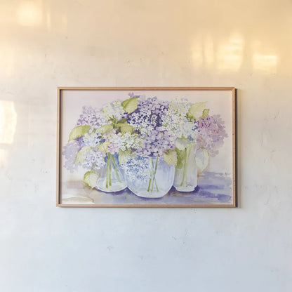 Hydrangeas in Glass Light by Kathleen Parr McKenna. shown as a paper print in a natural frame. Available as a archival giclee rolled canvas, fine art paper, or poster print. SKU 89987i.