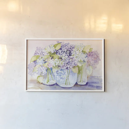 Hydrangeas in Glass Light by Kathleen Parr McKenna. shown as a paper print in a white frame. Available as a archival giclee rolled canvas, fine art paper, or poster print. SKU 89987i.