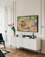Jam and Jelly by Kathleen Parr McKenna. shown as a framed stretched canvas in a living room above a console. Available as a archival giclee rolled canvas, fine art paper, or poster print. SKU 47935i.