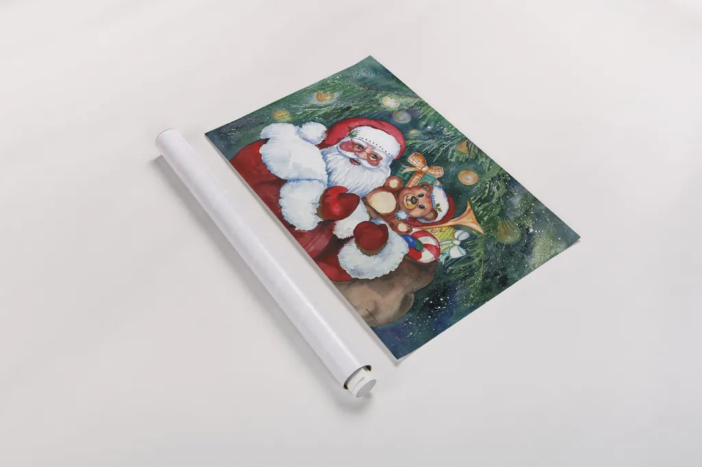 Jolly Santa by Kathleen Parr McKenna. shown as a rolled paper print. Available as archival giclee rolled canvas, fine art paper, or poster print. SKU 70545i.