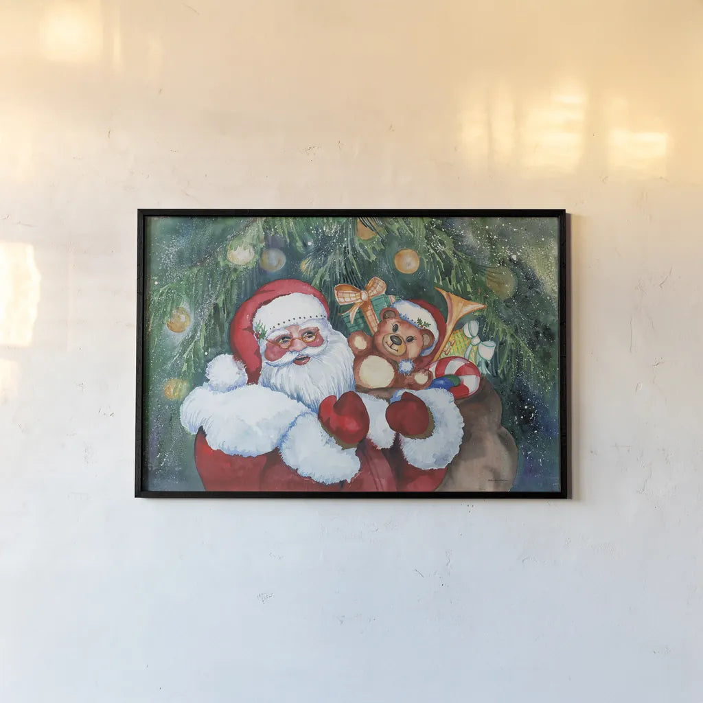 Jolly Santa by Kathleen Parr McKenna. shown as a paper print in a black flame. Available as a archival giclee rolled canvas, fine art paper, or poster print. SKU 70545i.