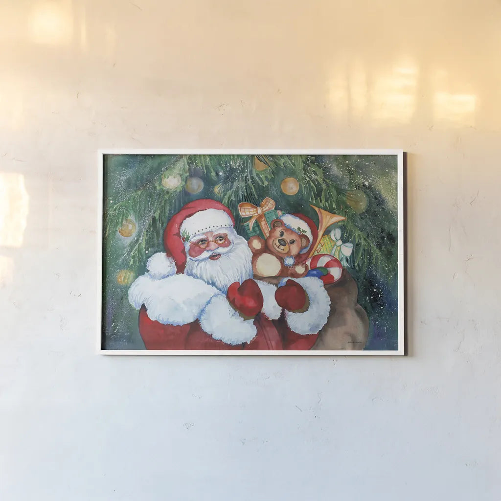 Jolly Santa by Kathleen Parr McKenna. shown as a paper print in a white frame. Available as a archival giclee rolled canvas, fine art paper, or poster print. SKU 70545i.