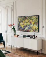 Just Picked by Kathleen Parr McKenna. shown as a framed stretched canvas in a living room above a console. Available as a archival giclee rolled canvas, fine art paper, or poster print. SKU 48701i.