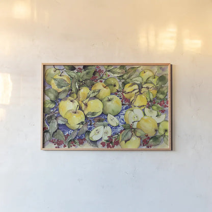 Just Picked by Kathleen Parr McKenna. shown as a paper print in a natural frame. Available as a archival giclee rolled canvas, fine art paper, or poster print. SKU 48701i.