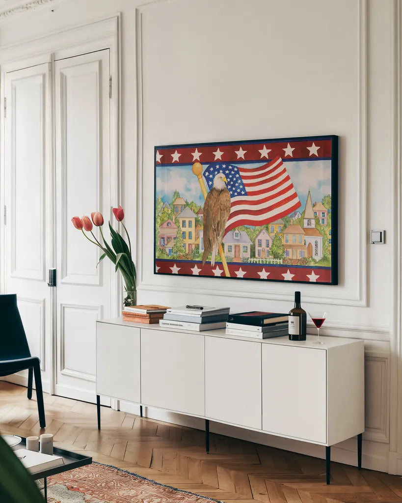 Land of Liberty by Kathleen Parr McKenna. shown as a framed stretched canvas in a living room above a console. Available as a archival giclee rolled canvas, fine art paper, or poster print. SKU 41296i.