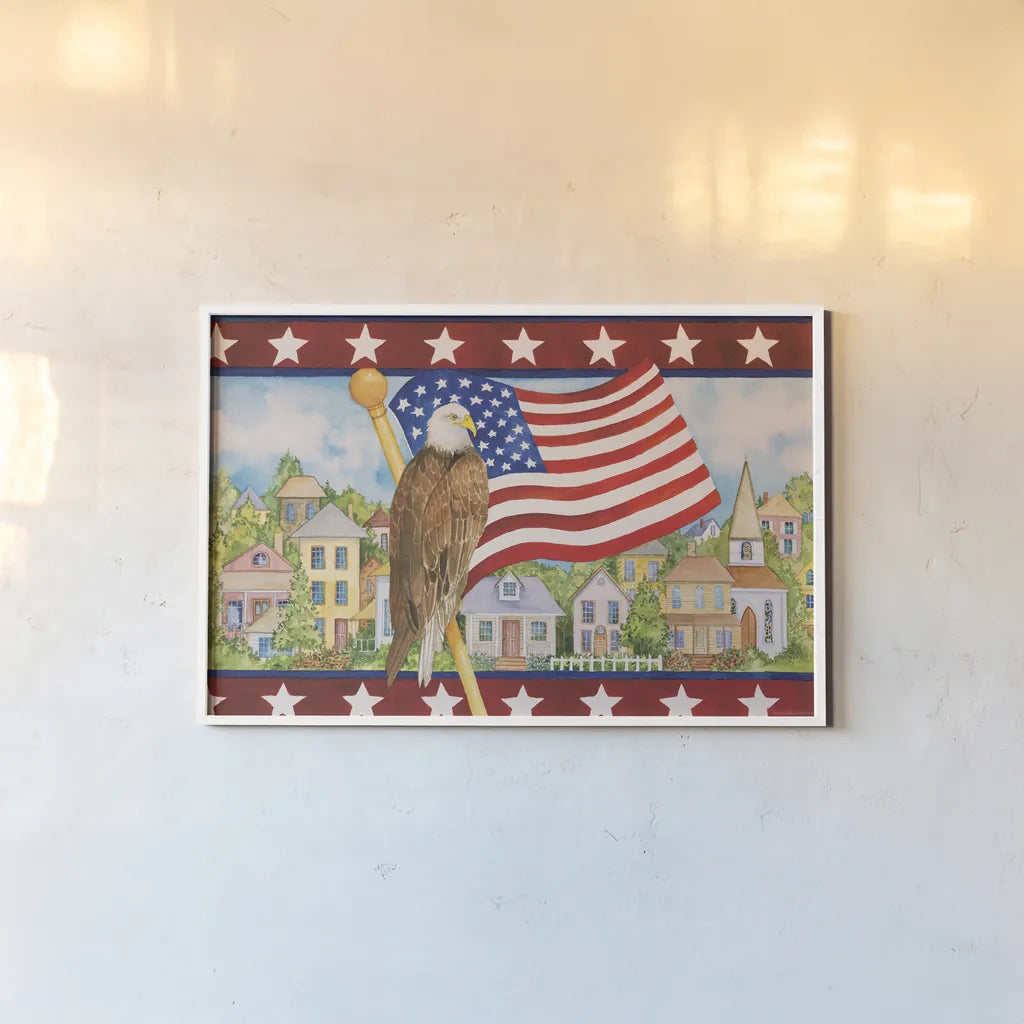 Land of Liberty by Kathleen Parr McKenna. shown as a paper print in a white frame. Available as a archival giclee rolled canvas, fine art paper, or poster print. SKU 41296i.