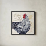 Life on the Farm Chicken I by Kathleen Parr McKenna. Shown in a sleek black glass frame for a contemporary gallery look. Available as an archival giclee rolled canvas, fine art paper, or poster print. SKU 34554a.