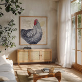 Life on the Farm Chicken I by Kathleen Parr McKenna. Shown in a natural wood frame in a cozy modern living room. Available as an archival giclee rolled canvas, fine art paper, or poster print. SKU 34554a.
