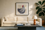 Life on the Farm Chicken I by Kathleen Parr McKenna. Displayed in a glass frame with matte in a clean modern living room. Available as an archival giclee rolled canvas, fine art paper, or poster print. SKU 34554a.