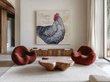Life on the Farm Chicken I by Kathleen Parr McKenna. Shown as extra-large giant wall art in a modern living room. Available as an archival giclee rolled canvas, fine art paper, or poster print. SKU 34554a.