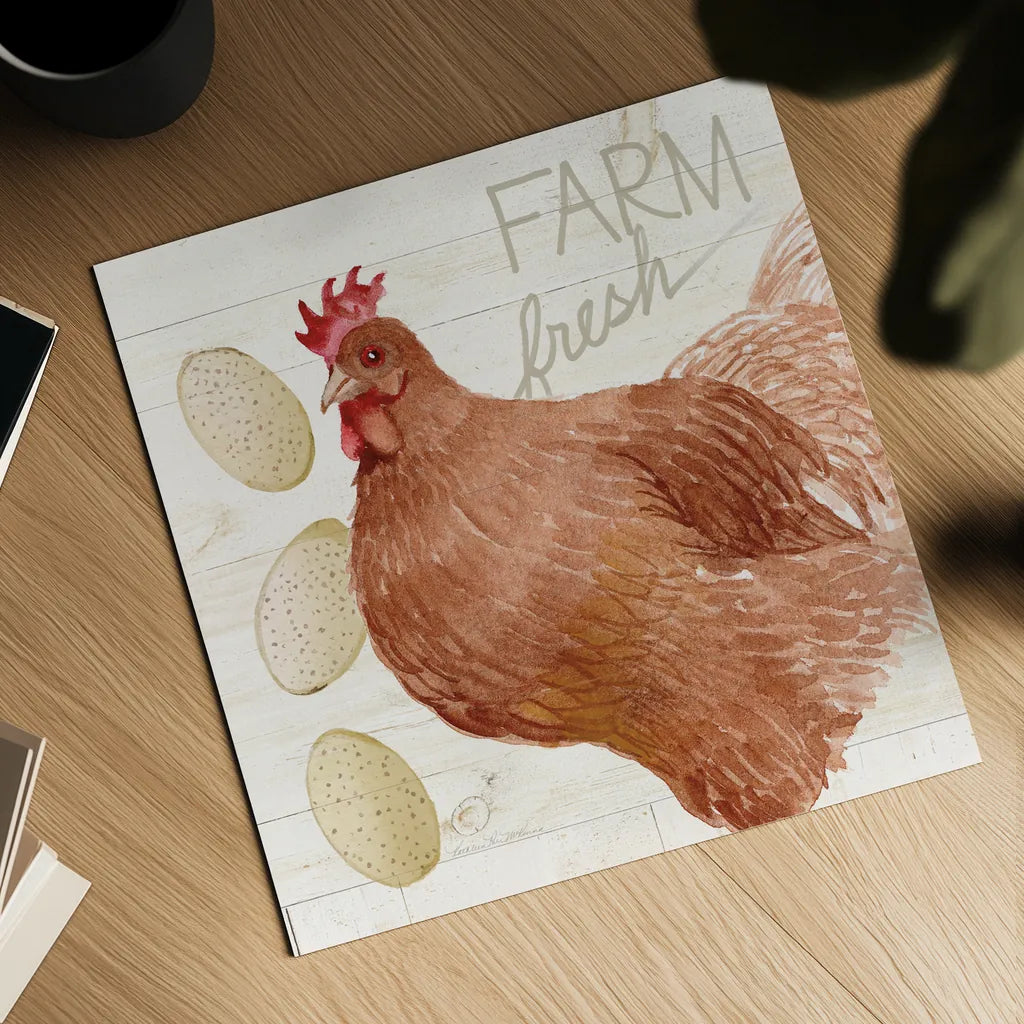 Life on the Farm Chicken II by Kathleen Parr McKenna. Shown as a detailed flat fine art print, highlighting archival giclee quality. Available as an archival giclee rolled canvas, fine art paper, or poster print. SKU 34555a.