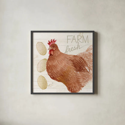 Life on the Farm Chicken II by Kathleen Parr McKenna. Shown in a sleek black glass frame for a contemporary gallery look. Available as an archival giclee rolled canvas, fine art paper, or poster print. SKU 34555a.