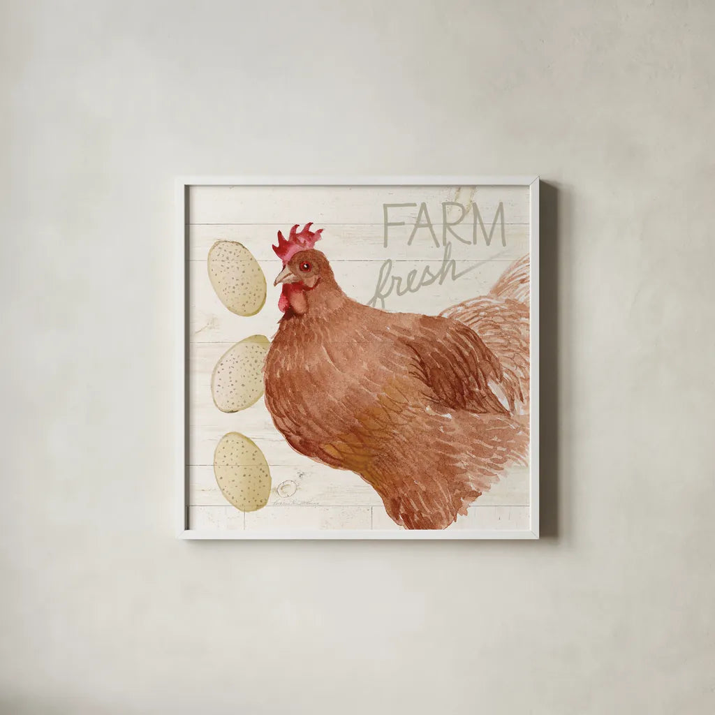 Life on the Farm Chicken II by Kathleen Parr McKenna. Shown in a crisp white glass frame for a clean and minimalist style. Available as an archival giclee rolled canvas, fine art paper, or poster print. SKU 34555a.