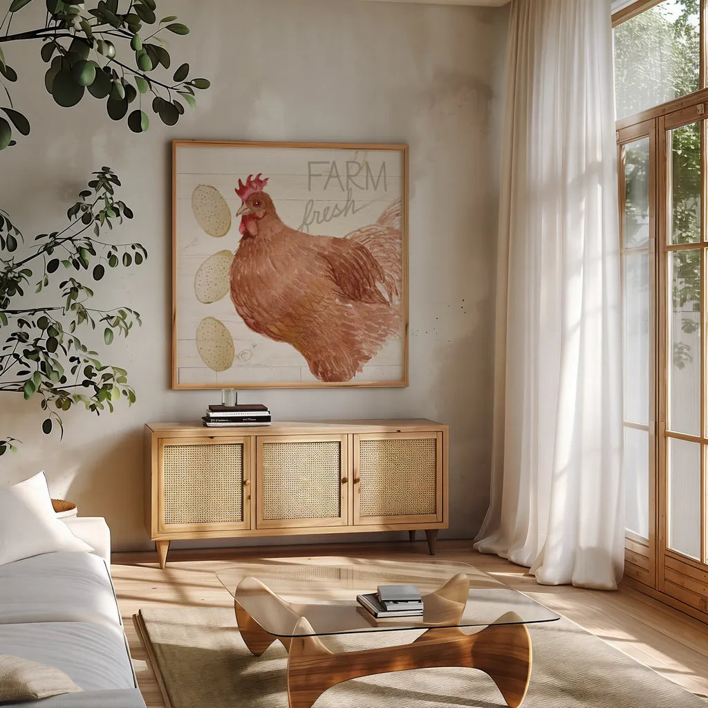 Life on the Farm Chicken II by Kathleen Parr McKenna. Shown in a natural wood frame in a cozy modern living room. Available as an archival giclee rolled canvas, fine art paper, or poster print. SKU 34555a.