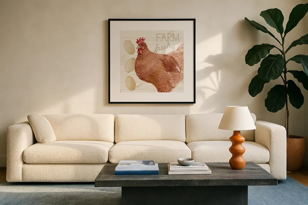 Life on the Farm Chicken II by Kathleen Parr McKenna. Displayed in a glass frame with matte in a clean modern living room. Available as an archival giclee rolled canvas, fine art paper, or poster print. SKU 34555a.
