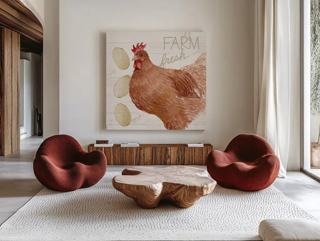 Life on the Farm Chicken II by Kathleen Parr McKenna. Shown as extra-large giant wall art in a modern living room. Available as an archival giclee rolled canvas, fine art paper, or poster print. SKU 34555a.
