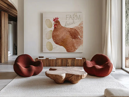 Life on the Farm Chicken II by Kathleen Parr McKenna. Shown as extra-large giant wall art in a modern living room. Available as an archival giclee rolled canvas, fine art paper, or poster print. SKU 34555a.