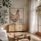 Life on the Farm Chicken III by Kathleen Parr McKenna. Shown in a natural wood frame in a cozy modern living room. Available as an archival giclee rolled canvas, fine art paper, or poster print. SKU 34556a.