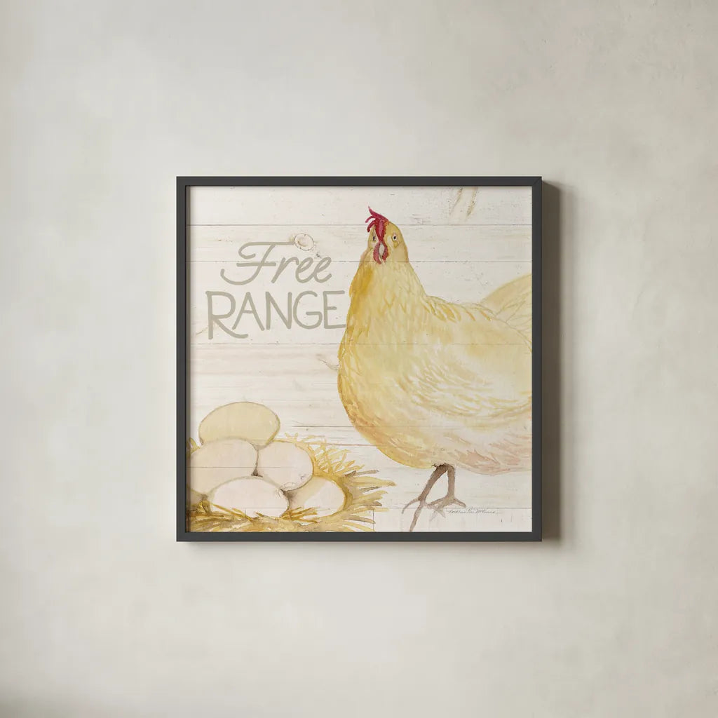 Life on the Farm Chicken IV by Kathleen Parr McKenna. Shown in a sleek black glass frame for a contemporary gallery look. Available as an archival giclee rolled canvas, fine art paper, or poster print. SKU 34557a.
