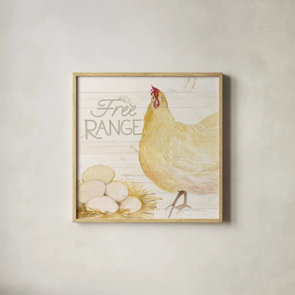 Life on the Farm Chicken IV by Kathleen Parr McKenna. Shown in a natural wood glass frame for a timeless modern aesthetic. Available as an archival giclee rolled canvas, fine art paper, or poster print. SKU 34557a.