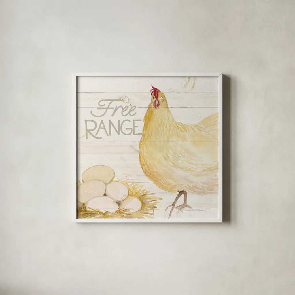 Life on the Farm Chicken IV by Kathleen Parr McKenna. Shown in a crisp white glass frame for a clean and minimalist style. Available as an archival giclee rolled canvas, fine art paper, or poster print. SKU 34557a.