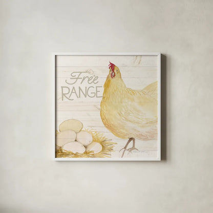 Life on the Farm Chicken IV by Kathleen Parr McKenna. Shown in a crisp white glass frame for a clean and minimalist style. Available as an archival giclee rolled canvas, fine art paper, or poster print. SKU 34557a.