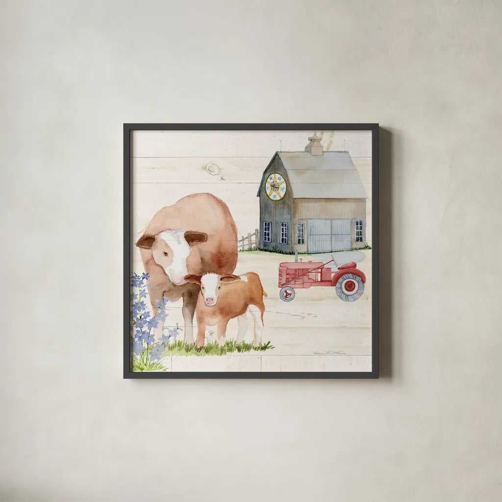 Life on the Farm I by Kathleen Parr McKenna. Shown in a sleek black glass frame for a contemporary gallery look. Available as an archival giclee rolled canvas, fine art paper, or poster print. SKU 34550a.