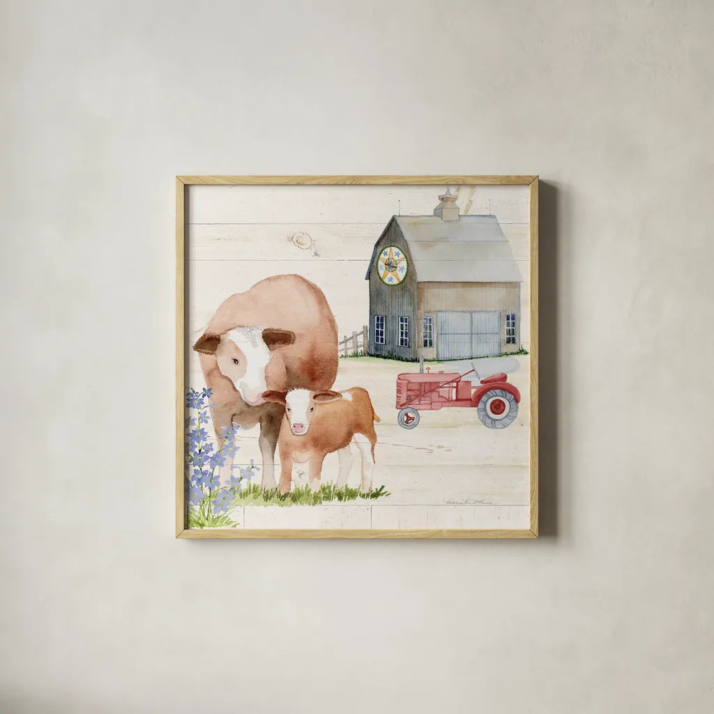 Life on the Farm I by Kathleen Parr McKenna. Shown in a natural wood glass frame for a timeless modern aesthetic. Available as an archival giclee rolled canvas, fine art paper, or poster print. SKU 34550a.