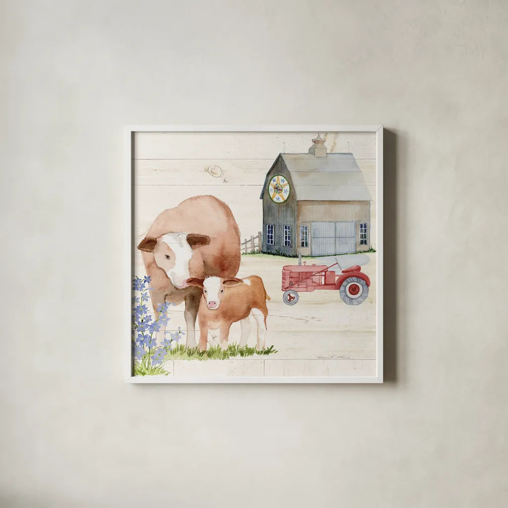 Life on the Farm I by Kathleen Parr McKenna. Shown in a crisp white glass frame for a clean and minimalist style. Available as an archival giclee rolled canvas, fine art paper, or poster print. SKU 34550a.