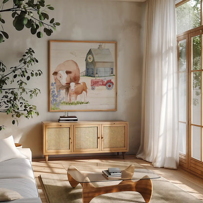 Life on the Farm I by Kathleen Parr McKenna. Shown in a natural wood frame in a cozy modern living room. Available as an archival giclee rolled canvas, fine art paper, or poster print. SKU 34550a.