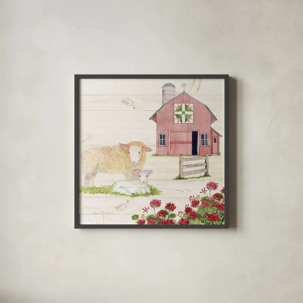 Life on the Farm II by Kathleen Parr McKenna. Shown in a sleek black glass frame for a contemporary gallery look. Available as an archival giclee rolled canvas, fine art paper, or poster print. SKU 34551a.