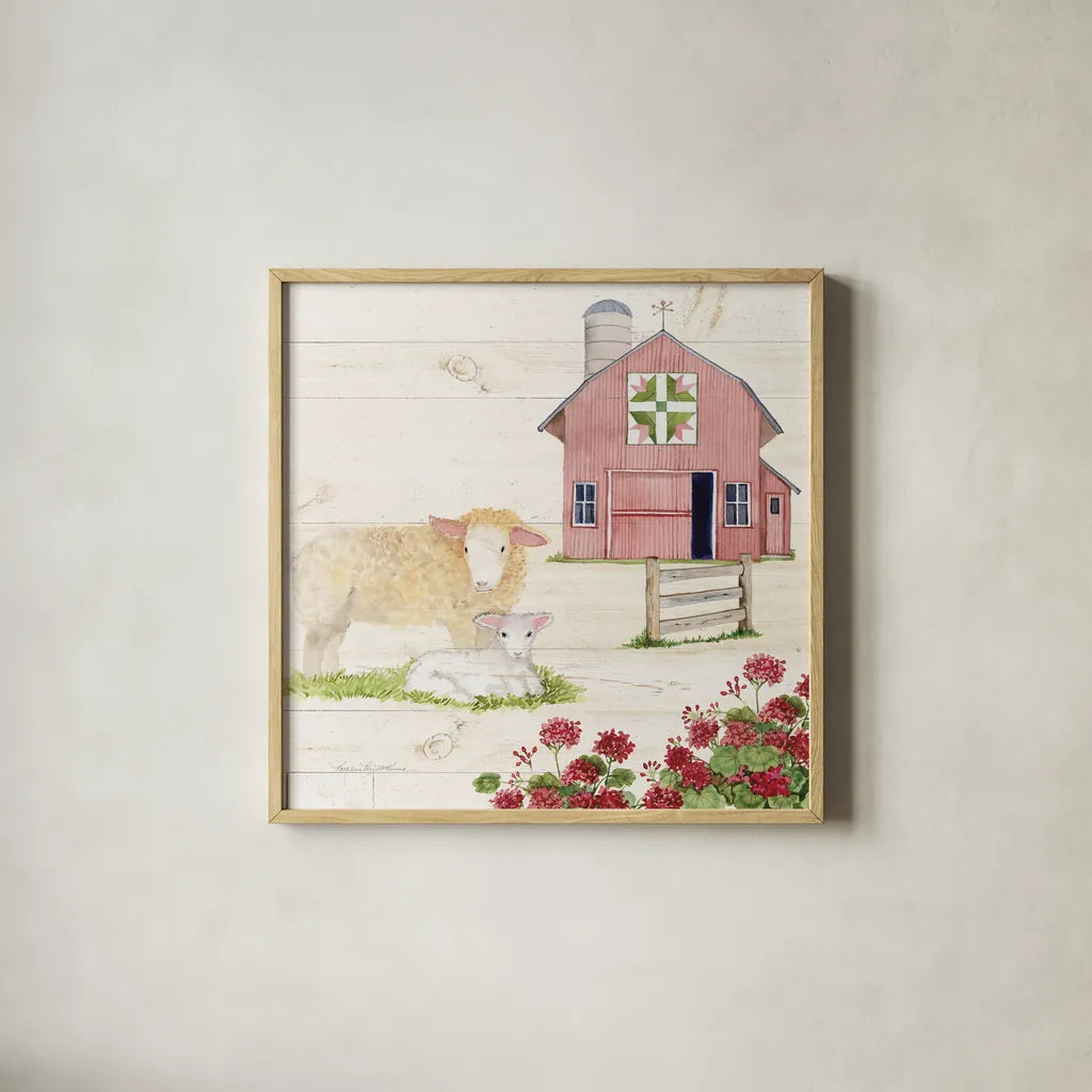 Life on the Farm II by Kathleen Parr McKenna. Shown in a natural wood glass frame for a timeless modern aesthetic. Available as an archival giclee rolled canvas, fine art paper, or poster print. SKU 34551a.