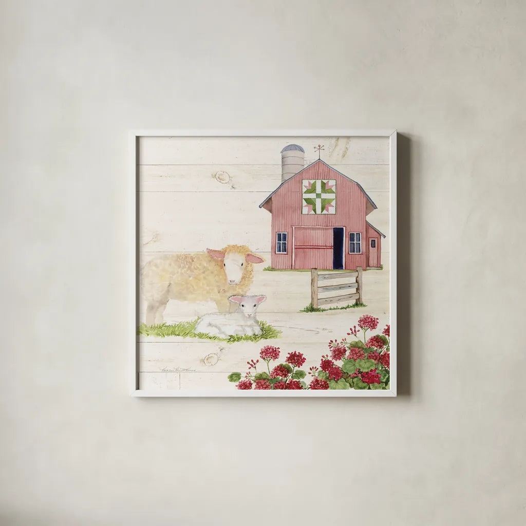 Life on the Farm II by Kathleen Parr McKenna. Shown in a crisp white glass frame for a clean and minimalist style. Available as an archival giclee rolled canvas, fine art paper, or poster print. SKU 34551a.