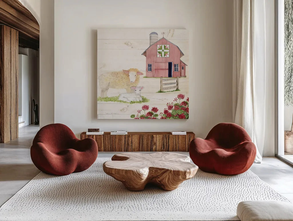 Life on the Farm II by Kathleen Parr McKenna. Shown as extra-large giant wall art in a modern living room. Available as an archival giclee rolled canvas, fine art paper, or poster print. SKU 34551a.