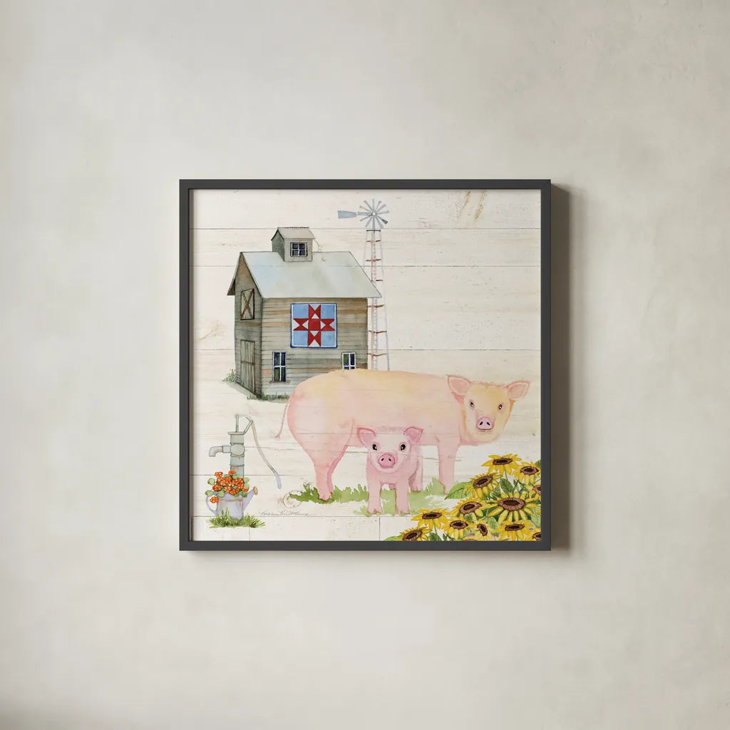 Life on the Farm III by Kathleen Parr McKenna. Shown in a sleek black glass frame for a contemporary gallery look. Available as an archival giclee rolled canvas, fine art paper, or poster print. SKU 34552a.