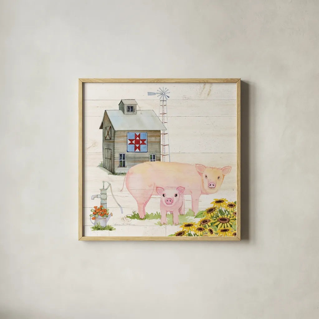 Life on the Farm III by Kathleen Parr McKenna. Shown in a natural wood glass frame for a timeless modern aesthetic. Available as an archival giclee rolled canvas, fine art paper, or poster print. SKU 34552a.