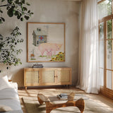 Life on the Farm III by Kathleen Parr McKenna. Shown in a natural wood frame in a cozy modern living room. Available as an archival giclee rolled canvas, fine art paper, or poster print. SKU 34552a.