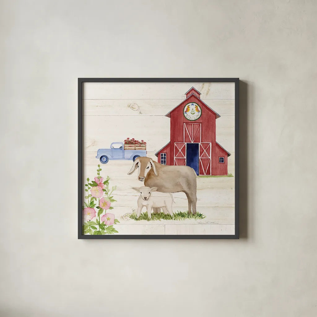 Life on the Farm IV by Kathleen Parr McKenna. Shown in a sleek black glass frame for a contemporary gallery look. Available as an archival giclee rolled canvas, fine art paper, or poster print. SKU 34553a.