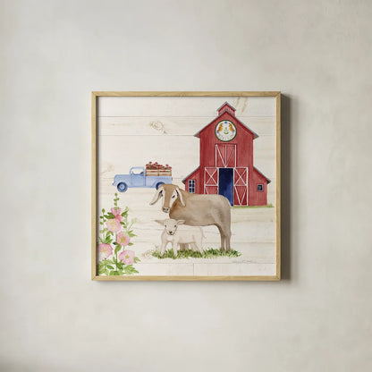 Life on the Farm IV by Kathleen Parr McKenna. Shown in a natural wood glass frame for a timeless modern aesthetic. Available as an archival giclee rolled canvas, fine art paper, or poster print. SKU 34553a.