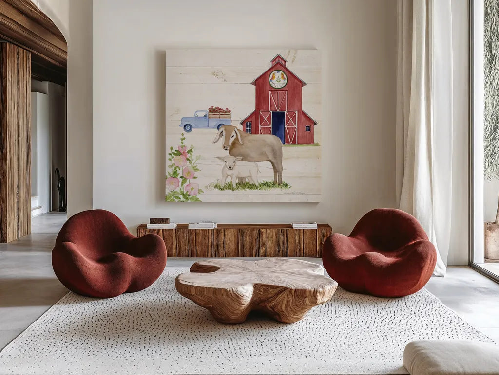 Life on the Farm IV by Kathleen Parr McKenna. Shown as extra-large giant wall art in a modern living room. Available as an archival giclee rolled canvas, fine art paper, or poster print. SKU 34553a.