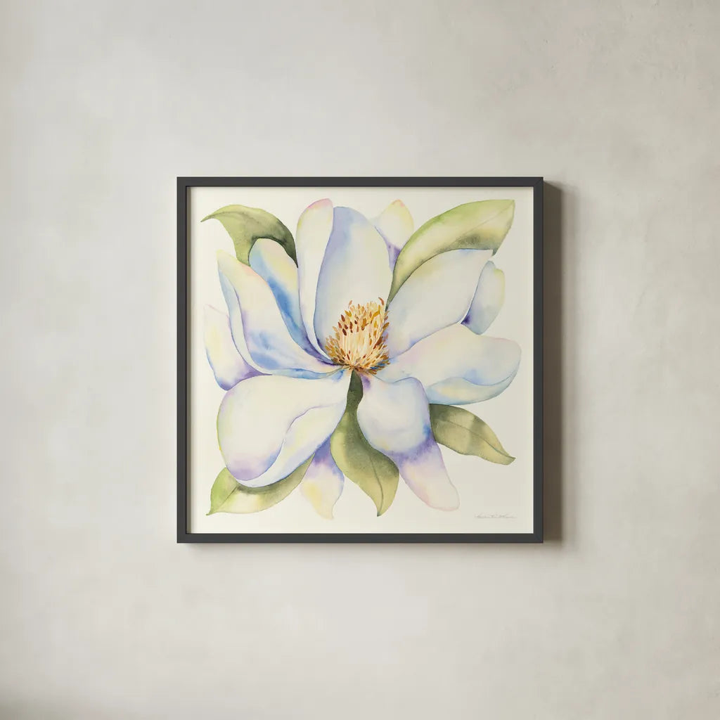 Magnolia by Kathleen Parr McKenna. Shown in a sleek black glass frame for a contemporary gallery look. Available as an archival giclee rolled canvas, fine art paper, or poster print. SKU 46646a.