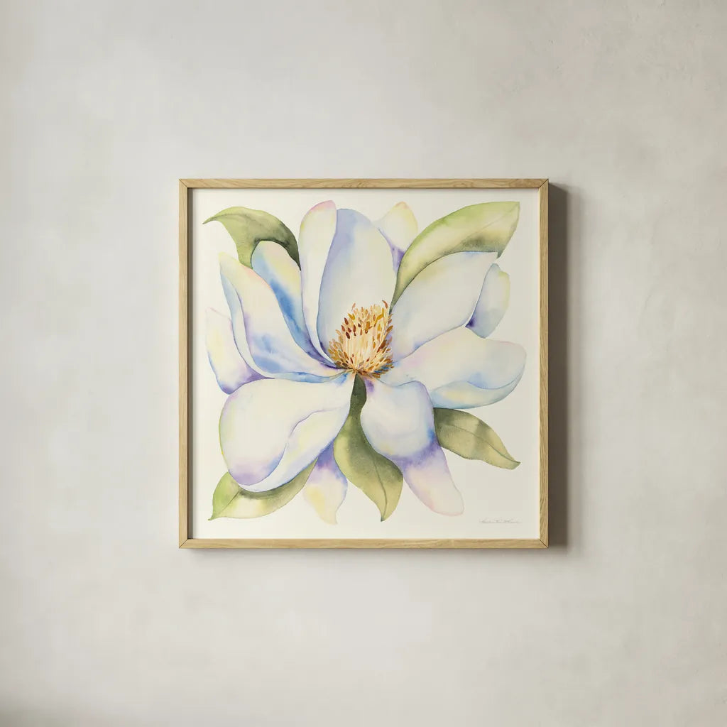 Magnolia by Kathleen Parr McKenna. Shown in a natural wood glass frame for a timeless modern aesthetic. Available as an archival giclee rolled canvas, fine art paper, or poster print. SKU 46646a.