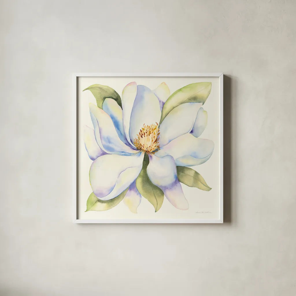 Magnolia by Kathleen Parr McKenna. Shown in a crisp white glass frame for a clean and minimalist style. Available as an archival giclee rolled canvas, fine art paper, or poster print. SKU 46646a.