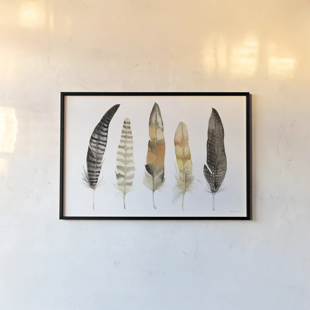 Natural Feathers by Kathleen Parr McKenna. shown as a paper print in a black flame. Available as a archival giclee rolled canvas, fine art paper, or poster print. SKU 66041i.